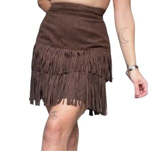 WD.NY Faux Suede Fringe Trim Mini Skirt Flapper Coastal Cowgirl Large Brown